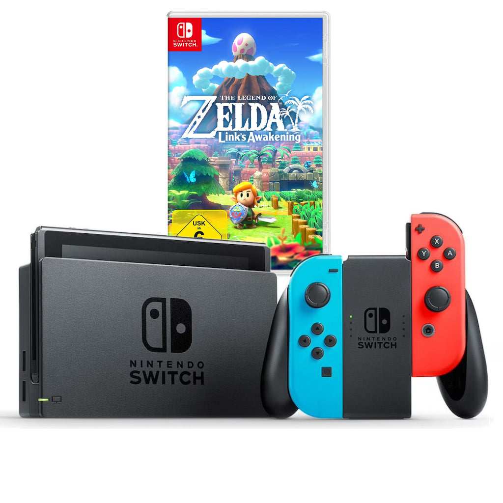 Konsole Neon-Blau/Neon-Rot + Dock + Zelda: Link's Awakening