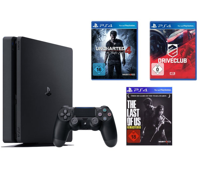 Konsole Slim 1TB schwarz + Uncharted 4 + DriveClub + Last of Us + Original Controller