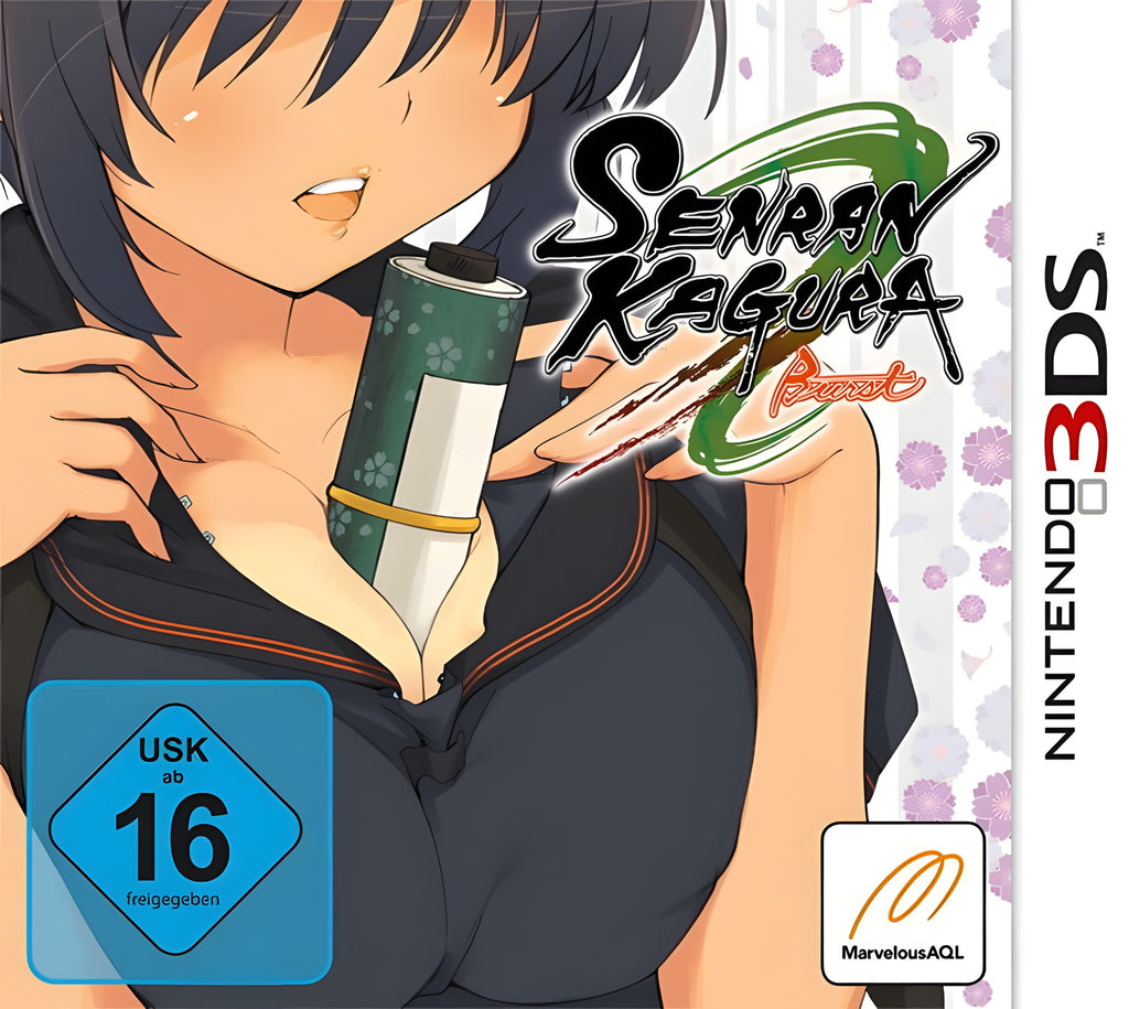 Das Cover von Senran Kagura: Burst für Nintendo 3DS zeigt eine junge Frau mit dunklen Haaren und USK ab 16.