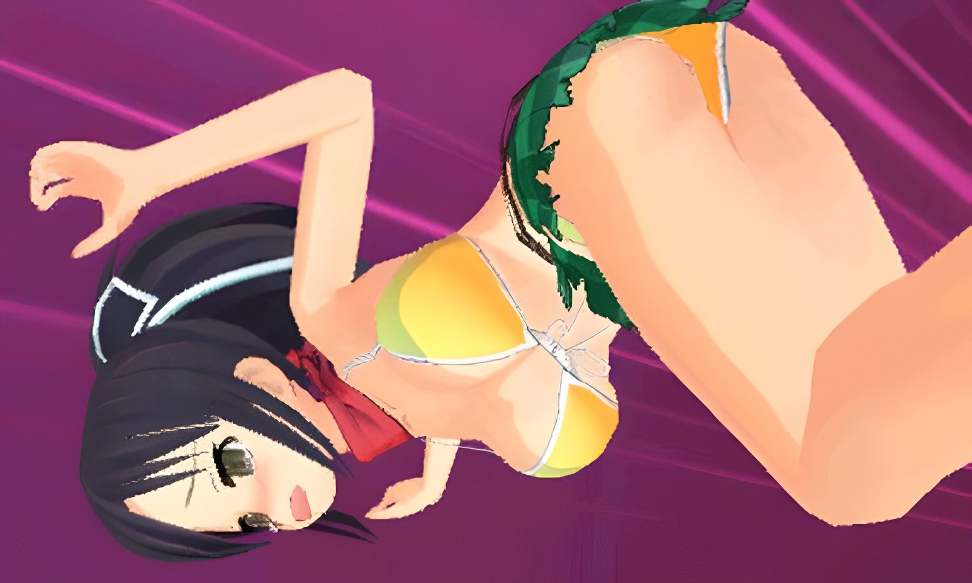 In Senran Kagura: Burst für Nintendo 3DS ist ein junges Mädchen im gelben Bikini vor lila Hintergrund zu sehen.