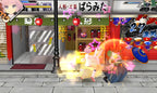 Eine Kampfszene aus Senran Kagura: Burst für Nintendo 3DS zeigt zwei Charaktere vor einem Laden in einer Straße.