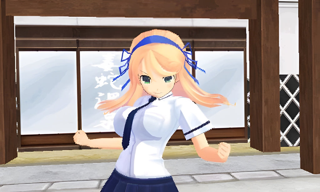 Senran Kagura: Burst für Nintendo 3DS zeigt ein blondes Mädchen in Schuluniform, das eine Pose einnimmt.