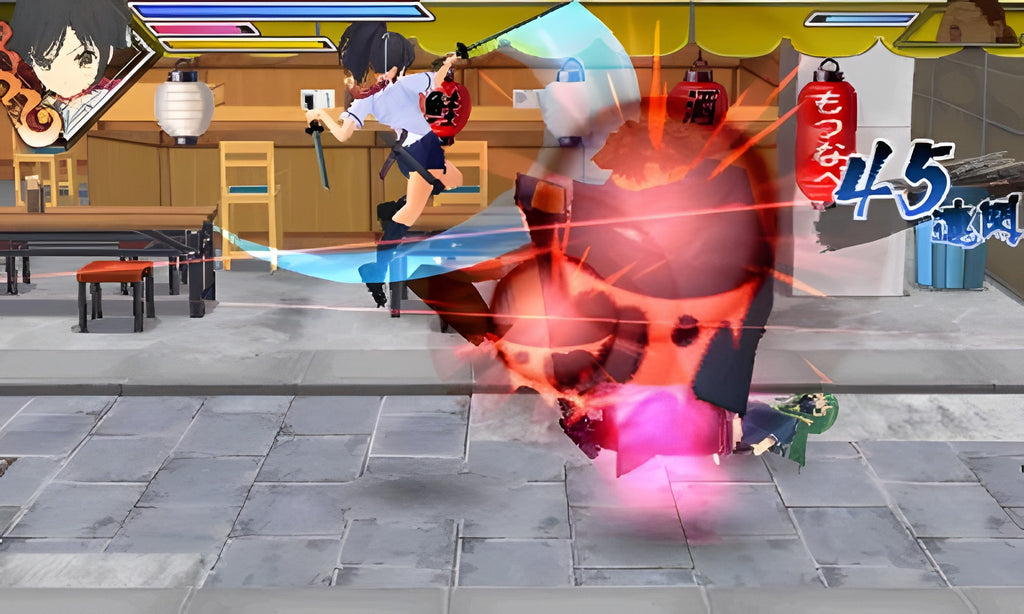 Eine Figur kämpft in Senran Kagura: Burst für Nintendo 3DS in einem Restaurant und greift einen Gegner an.