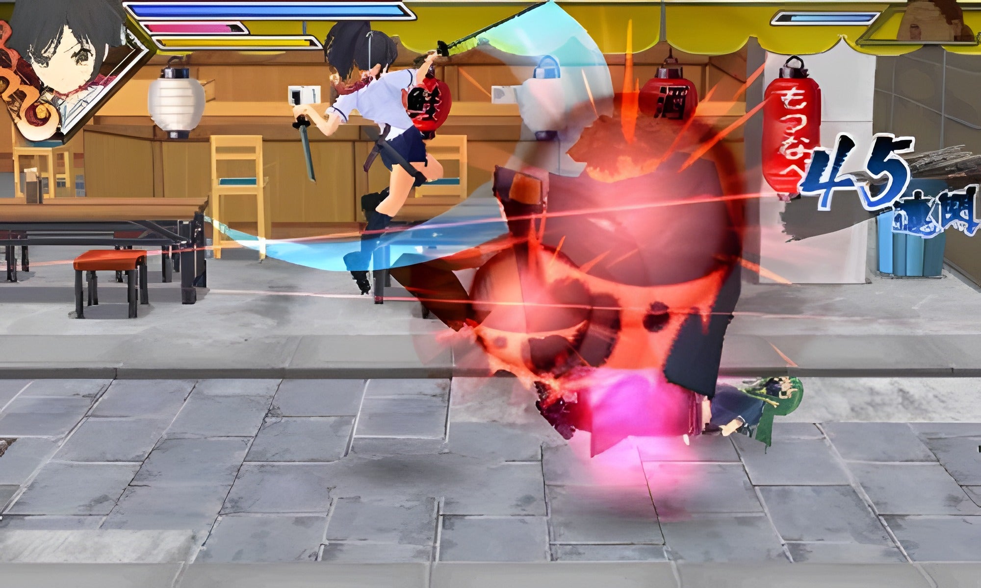 Eine Figur kämpft in Senran Kagura: Burst für Nintendo 3DS in einem Restaurant und greift einen Gegner an.