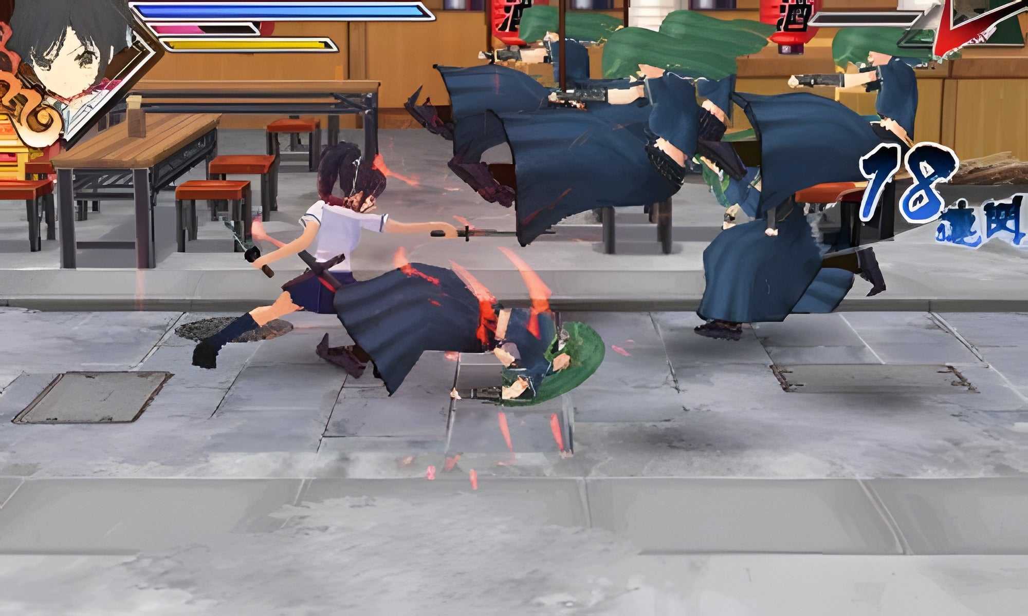 In Senran Kagura: Burst für Nintendo 3DS kämpft eine Schülerin mit zwei Schwertern gegen mehrere Gegner in einem Restaurant.