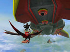 Shadow the Hedgehog reitet auf einem roten Flugmonster unter einem großen Raumschiff.