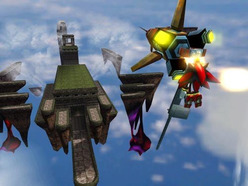 Shadow the Hedgehog fliegt mit einem Raumschiff durch eine Himmelslandschaft mit schwebenden Inseln.