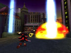 Shadow the Hedgehog rennt in einer Stadt, während eine große Explosion und blaue Lichtsäulen zu sehen sind.