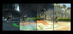 Vier verschiedene Spielszenen zeigen einen Skater bei verschiedenen Tricks in urbaner Umgebung.
