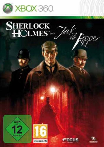 Das Cover von Sherlock Holmes jagt Jack the Ripper für Xbox 360 zeigt drei Männer und das USK-Siegel ab 12.