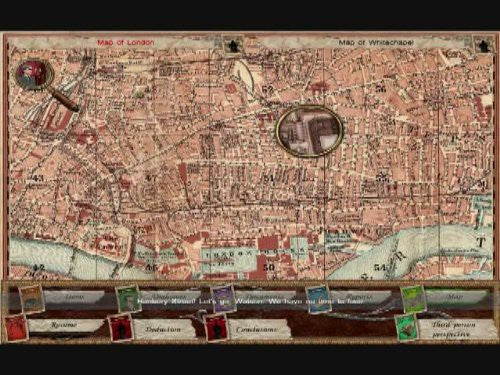 Eine historische Karte von London mit Markierungen und einem Menü am unteren Bildrand ist zu sehen.