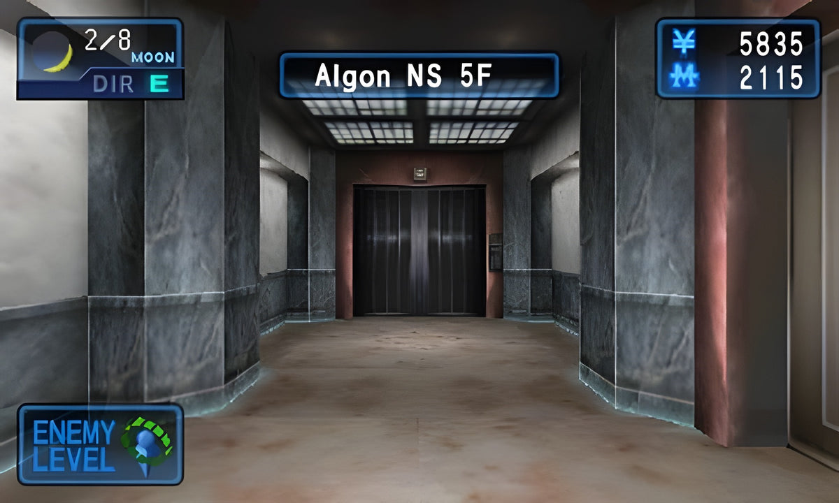 Ein Flur mit Aufzugtüren ist in Shin Megami Tensei: Devil Summoner - Soul Hackers zu sehen.