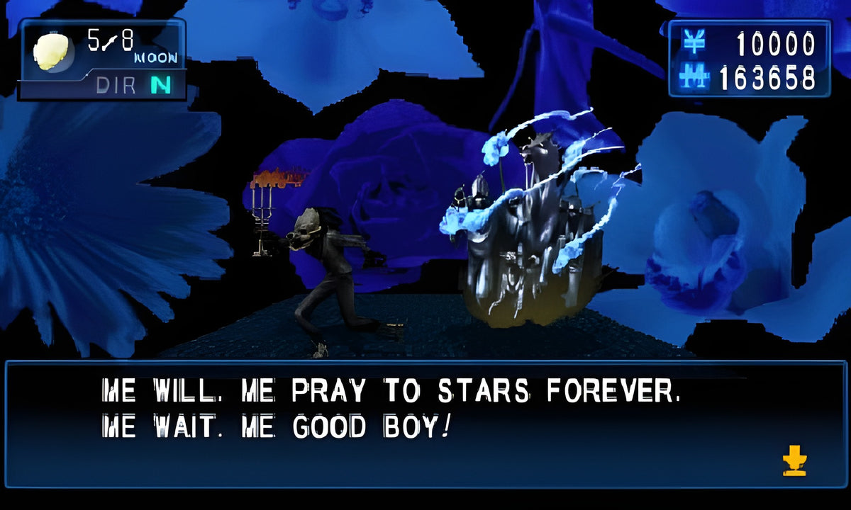Ein Dämon steht vor einem blauen Blumenhintergrund in Shin Megami Tensei: Devil Summoner - Soul Hackers.