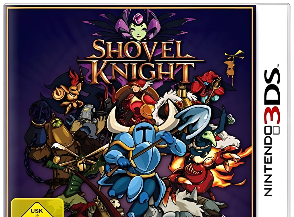 Shovel Knight zeigt den Ritter in einem Waldlevel, der einen großen, gelben Gegner angreift.