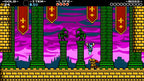 Shovel Knight springt in einem Schlosslevel, während ein kleiner Gegner am Boden wartet.