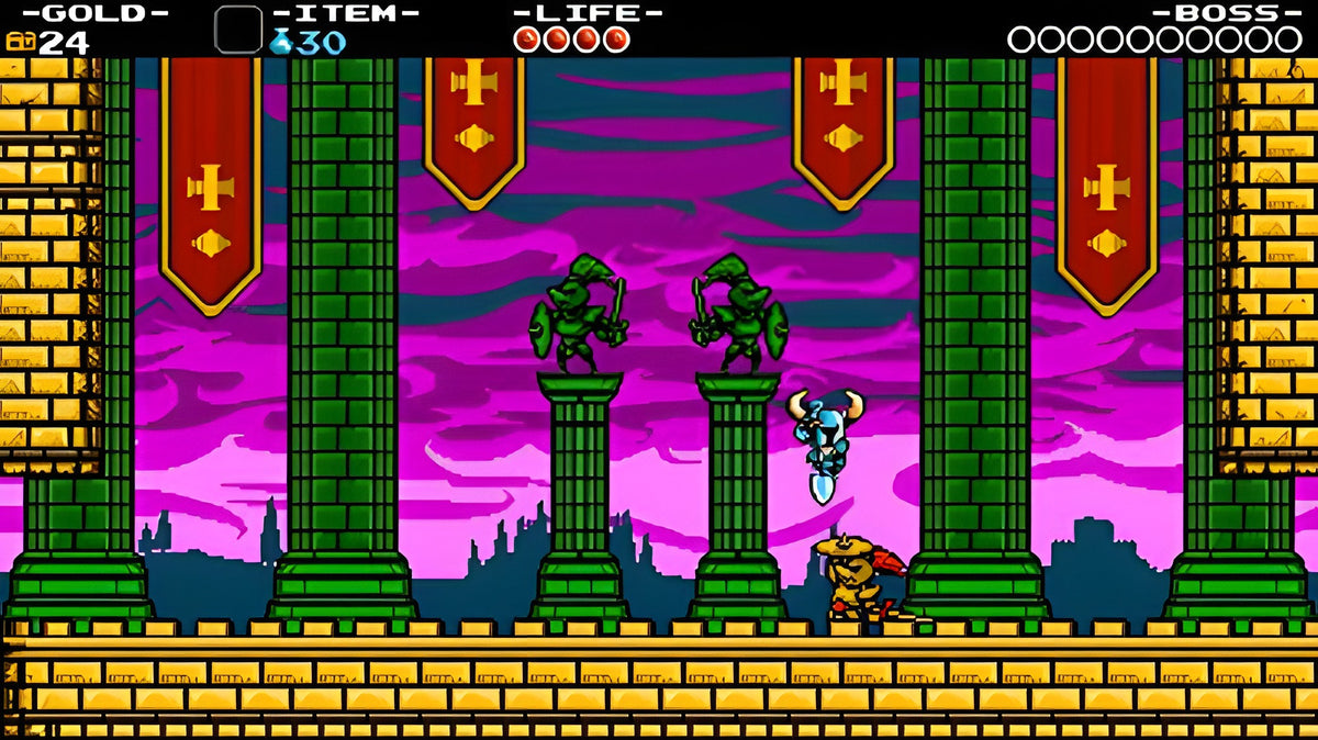 Shovel Knight springt in einem Schlosslevel, während ein kleiner Gegner am Boden wartet.