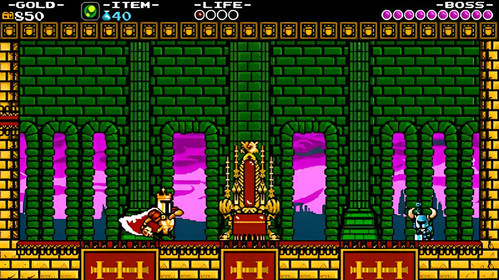 In Shovel Knight steht der Held vor einem König auf seinem Thron in einem Bosskampf.
