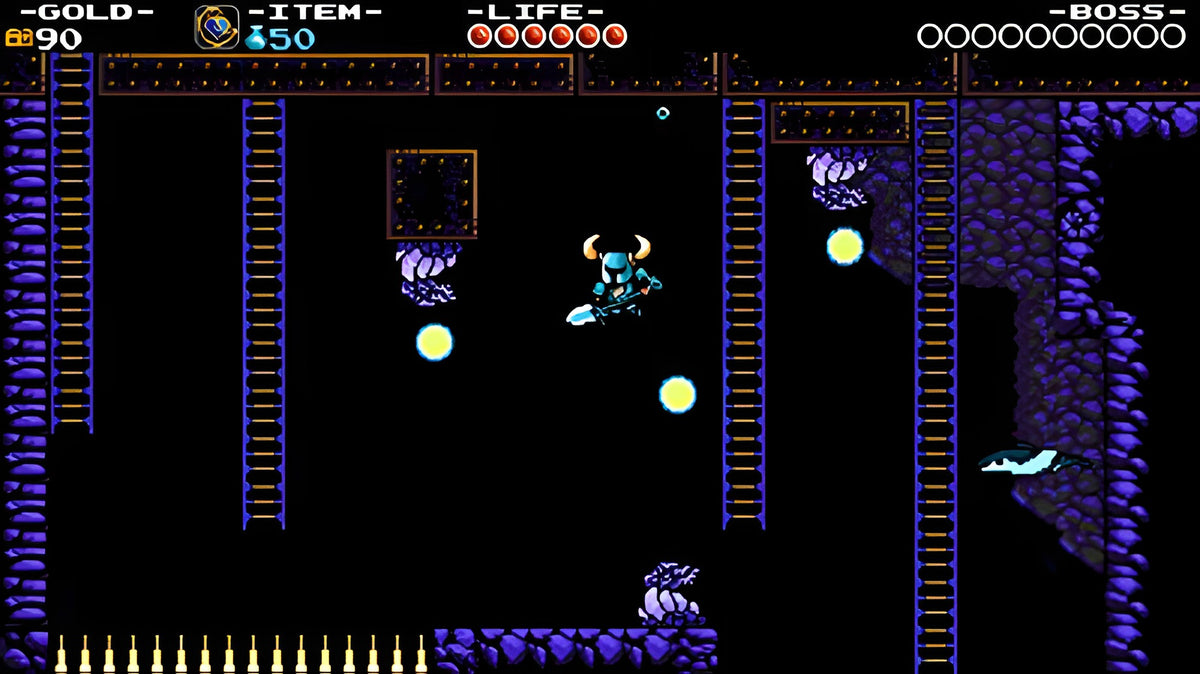 Shovel Knight zeigt den Ritter in einem dunklen Unterwasser-Level mit Leitern und Fischen.