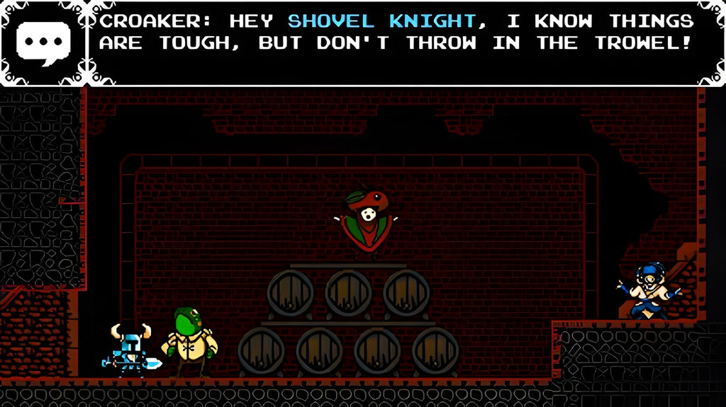 In Shovel Knight spricht Croaker mit dem Helden, während ein anderer Charakter auf Fässern steht.