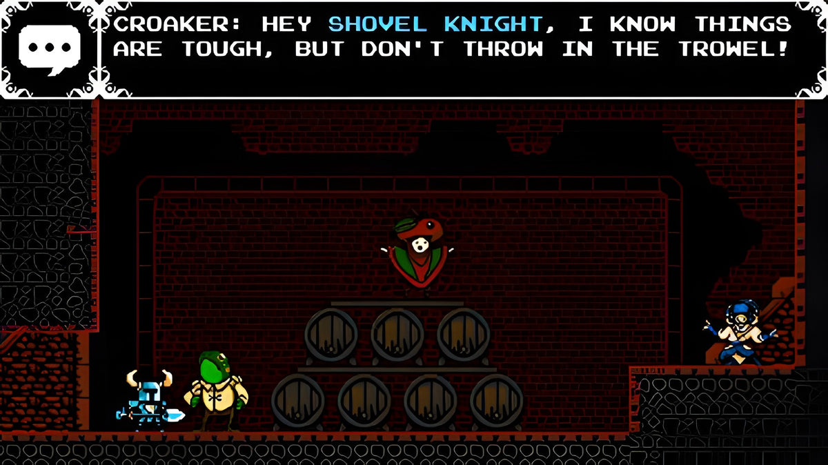 In Shovel Knight spricht Croaker mit dem Helden, während ein anderer Charakter auf Fässern steht.