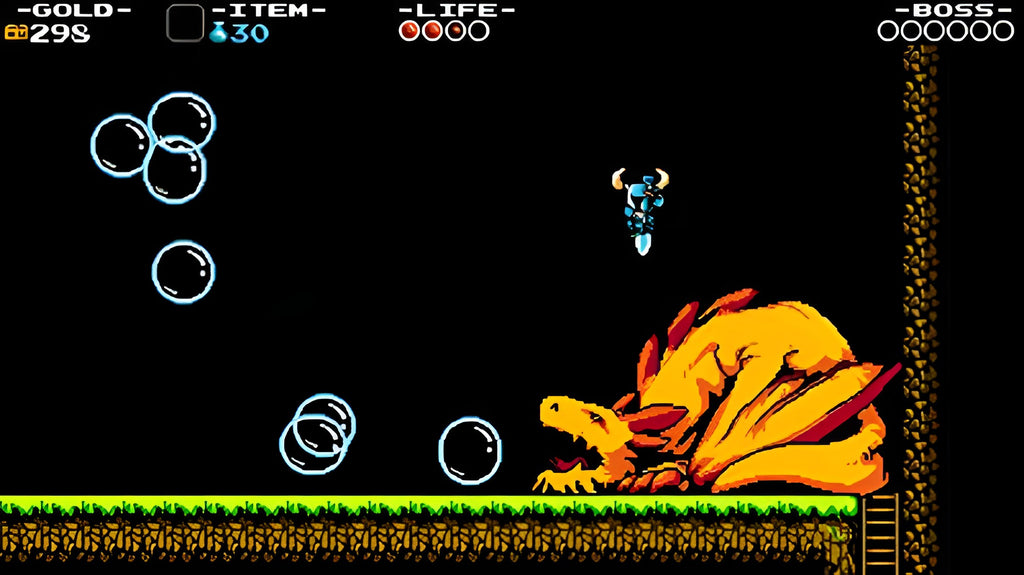 In Shovel Knight kämpft der Held gegen einen großen Drachen, der Blasen speit.