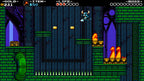 In Shovel Knight springt der blaue Ritter über Stacheln, während rechts Feuer brennt.