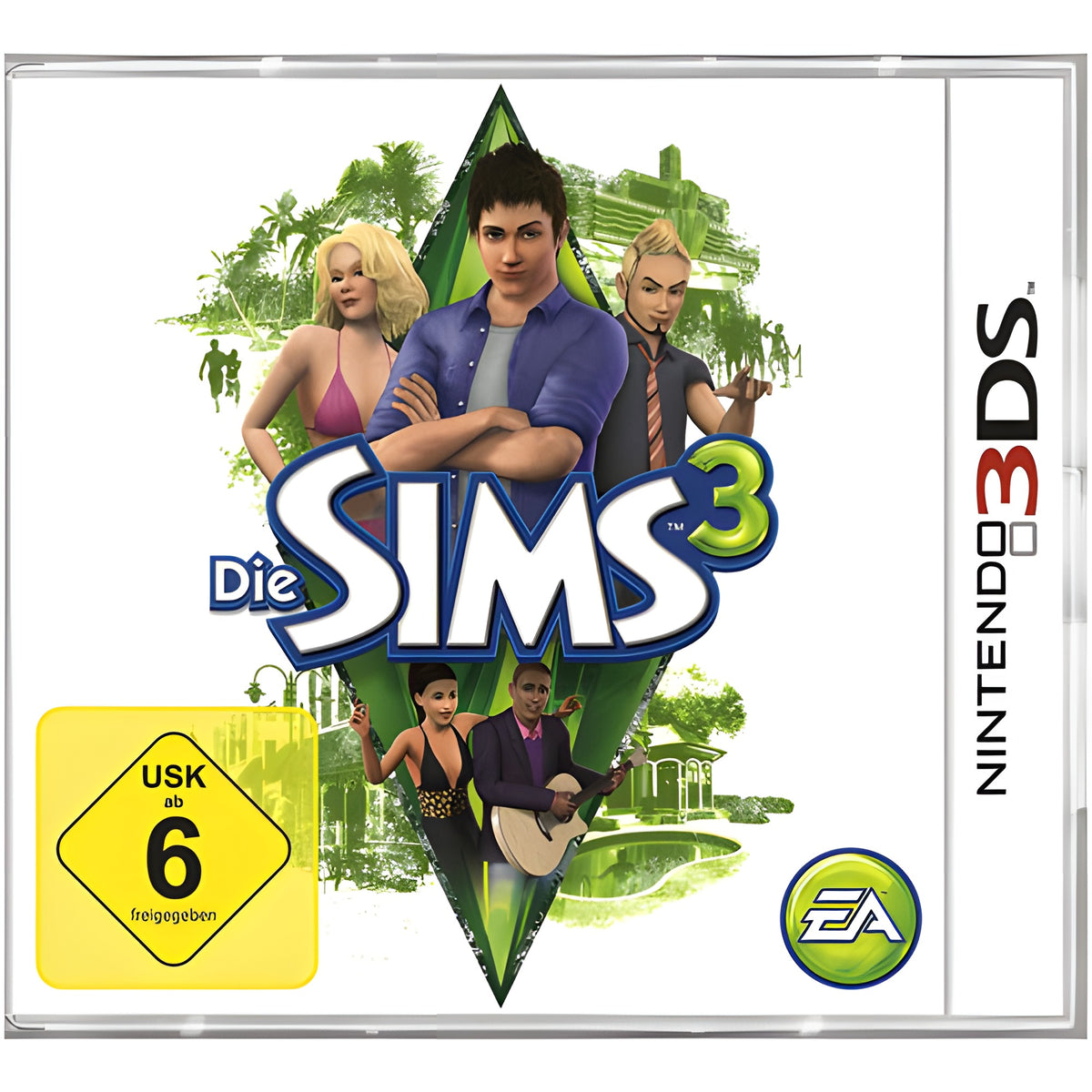 Das Cover von Sims 3 für Nintendo New 3DS zeigt drei Sims vor einer tropischen Kulisse mit USK ab 6.