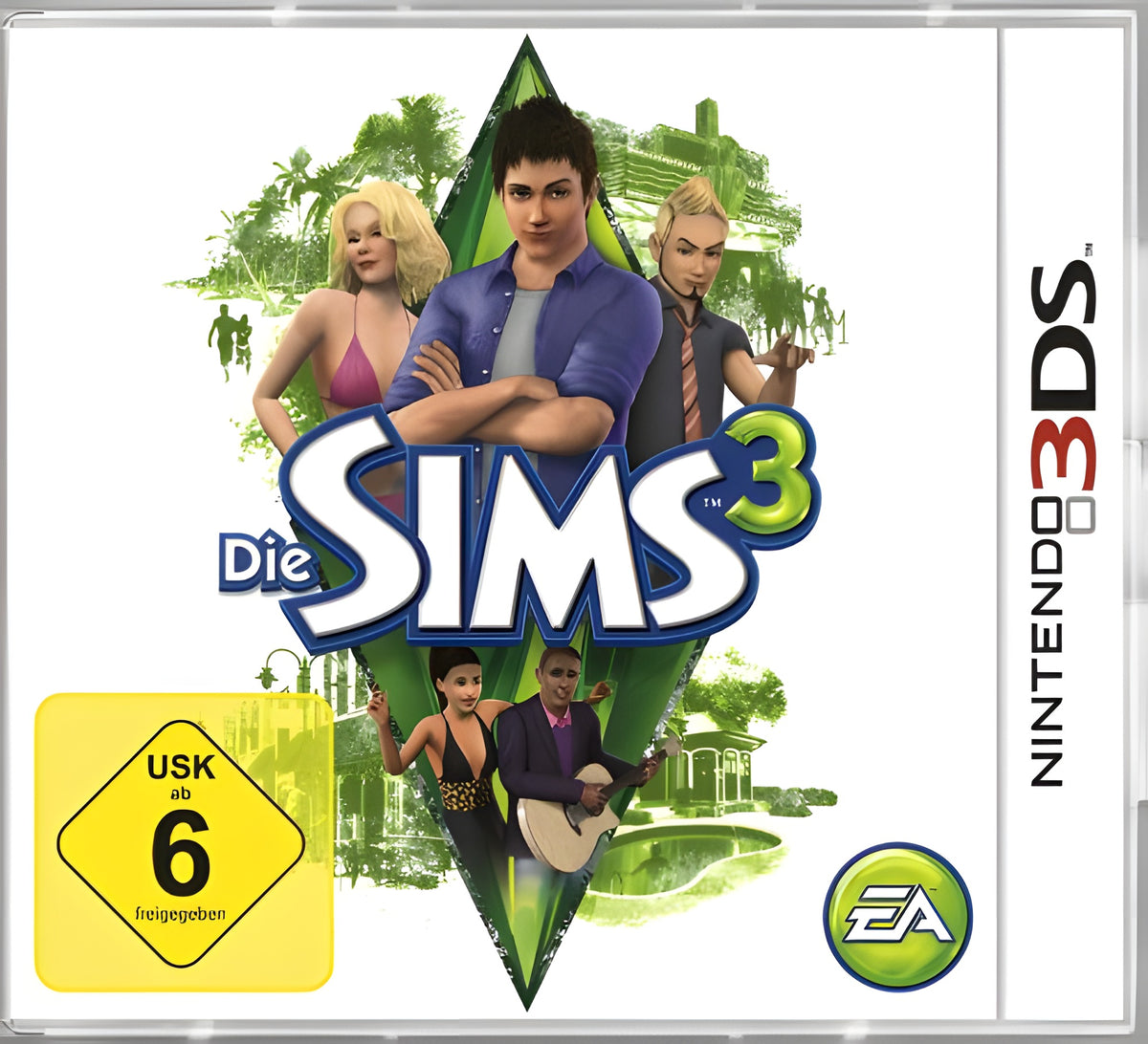 Das Cover von Sims 3 zeigt drei Sims und das USK ab 6 Siegel vor einer grünen Landschaft.