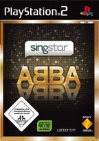 Das Cover von SingStar ABBA für PlayStation 2 zeigt den goldenen ABBA-Schriftzug auf schwarzem Hintergrund, USK ab 0.