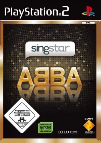 Das Cover von SingStar ABBA für PlayStation 2 zeigt den goldenen ABBA-Schriftzug auf schwarzem Hintergrund, USK ab 0.