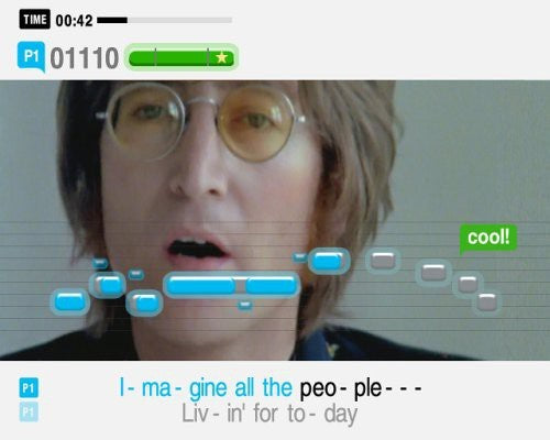 Eine Spielszene zeigt John Lennon mit Noten und Liedtext zu 'Imagine all the people'.