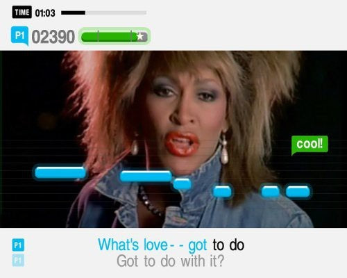 Eine Spielszene zeigt Tina Turner mit Noten und Liedtext zu 'What's love got to do with it?'.