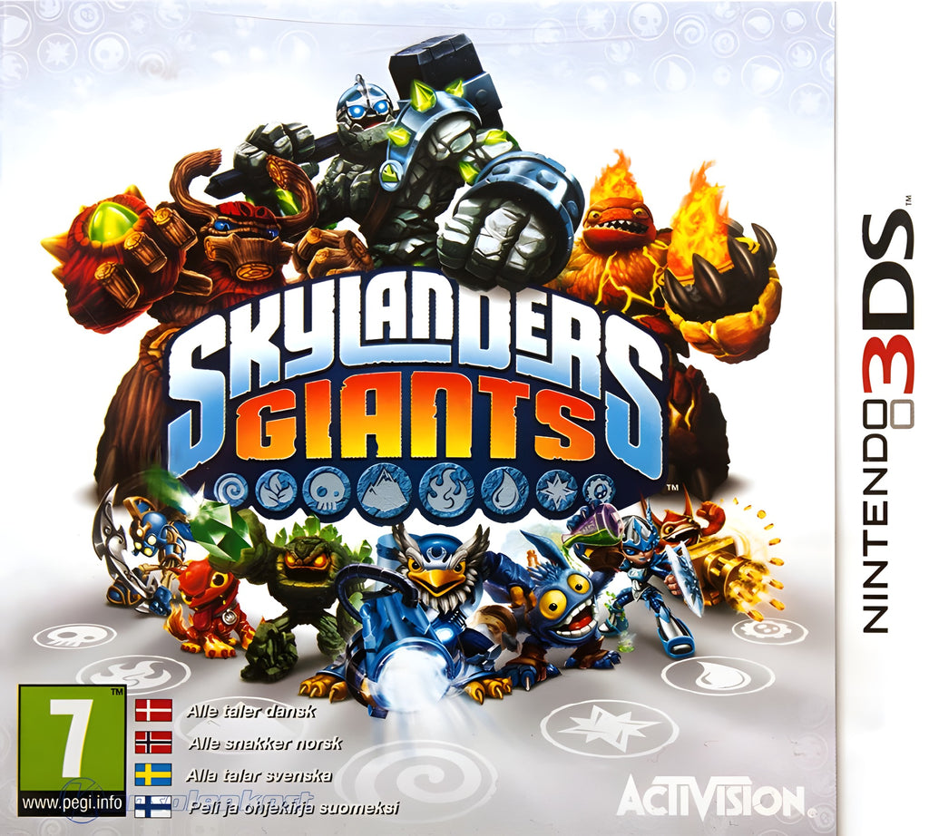 Das Cover von Skylanders: Giants zeigt mehrere bunte Figuren und das PEGI 7 Siegel.