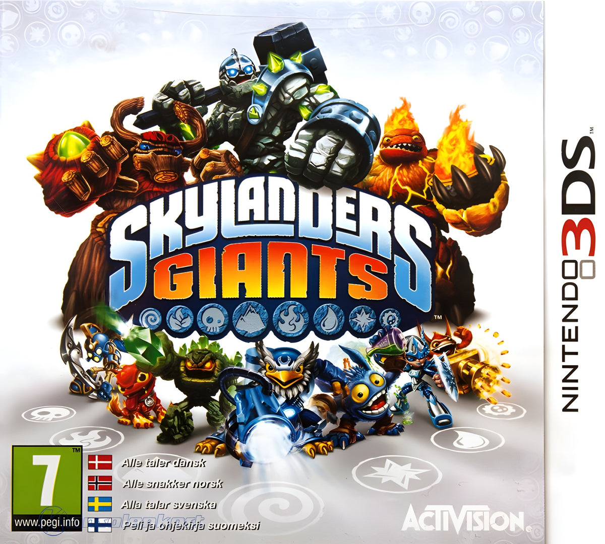 Das Cover von Skylanders: Giants zeigt mehrere bunte Figuren und das PEGI 7 Siegel.