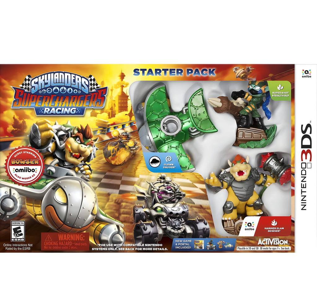 Das Skylanders: Superchargers Starter Pack zeigt Bowser in einem Fahrzeug und weitere Figuren in der Packung.