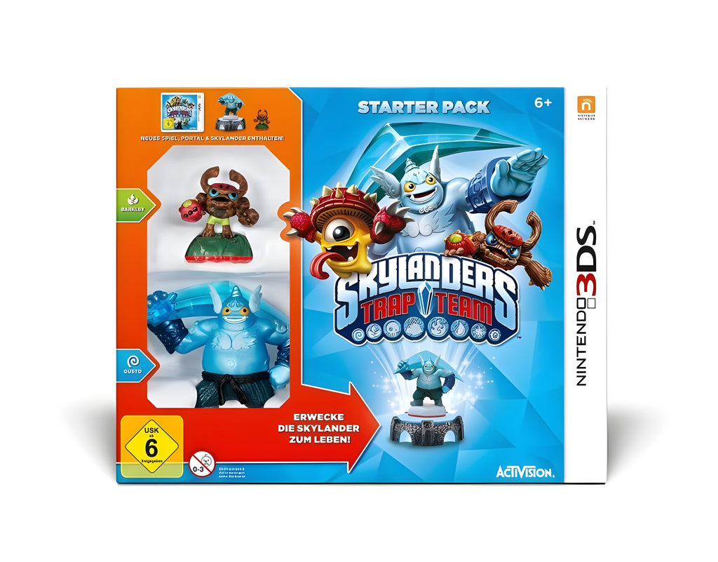 Die Vorderseite des Skylanders: Trap Team Starter Pack zeigt Figuren, Logo und USK ab 6.