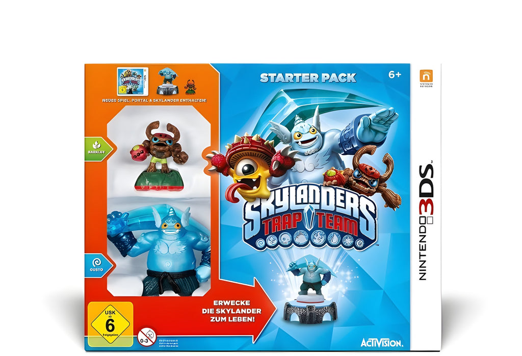 Die Vorderseite des Skylanders: Trap Team Starter Pack zeigt Figuren, Logo und USK ab 6.