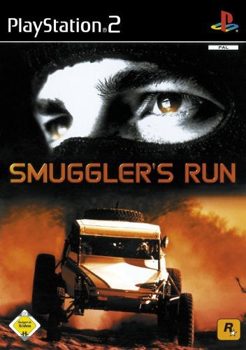 Smuggler's Run für PlayStation 2, USK ab 16, zeigt ein Gesicht mit Kapuze und ein geländegängiges Fahrzeug.