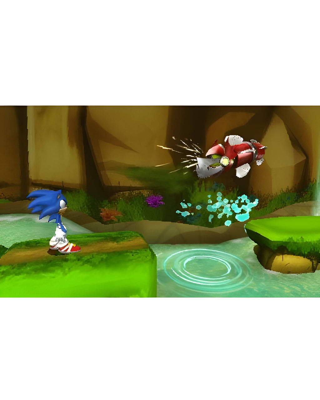 In Sonic Boom: Der zerbrochene Kristall steht Sonic am Flussufer und blickt auf einen fliegenden Gegner.