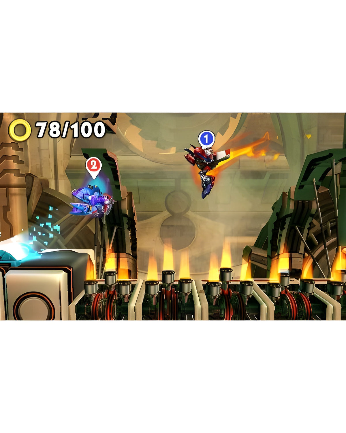 In Sonic Boom: Feuer & Eis kämpfen Sonic und Knuckles in einer Maschinenhalle gegen Roboter.