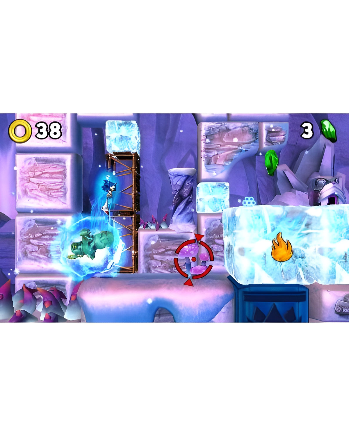 Sonic Boom: Feuer & Eis zeigt Sonic, wie er in einem Eislevel über Blöcke springt.
