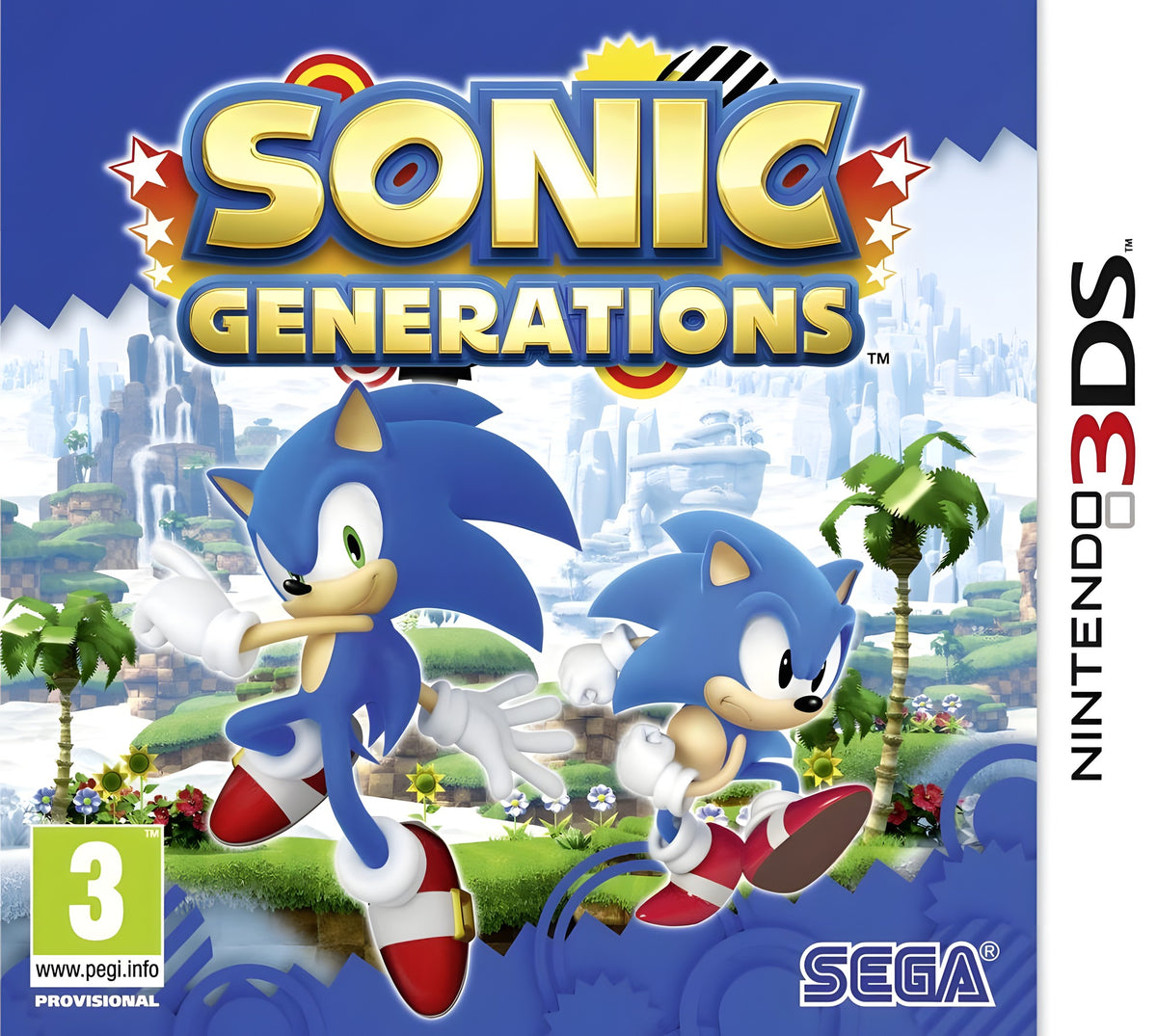 Das Cover von Sonic Generations für Nintendo 3DS zeigt zwei Sonics vor einer grünen Landschaft mit USK ab 3.