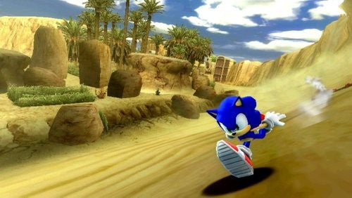 Sonic gleitet eine Sandpiste in einer Wüstenlandschaft mit Palmen und Felsen hinunter.