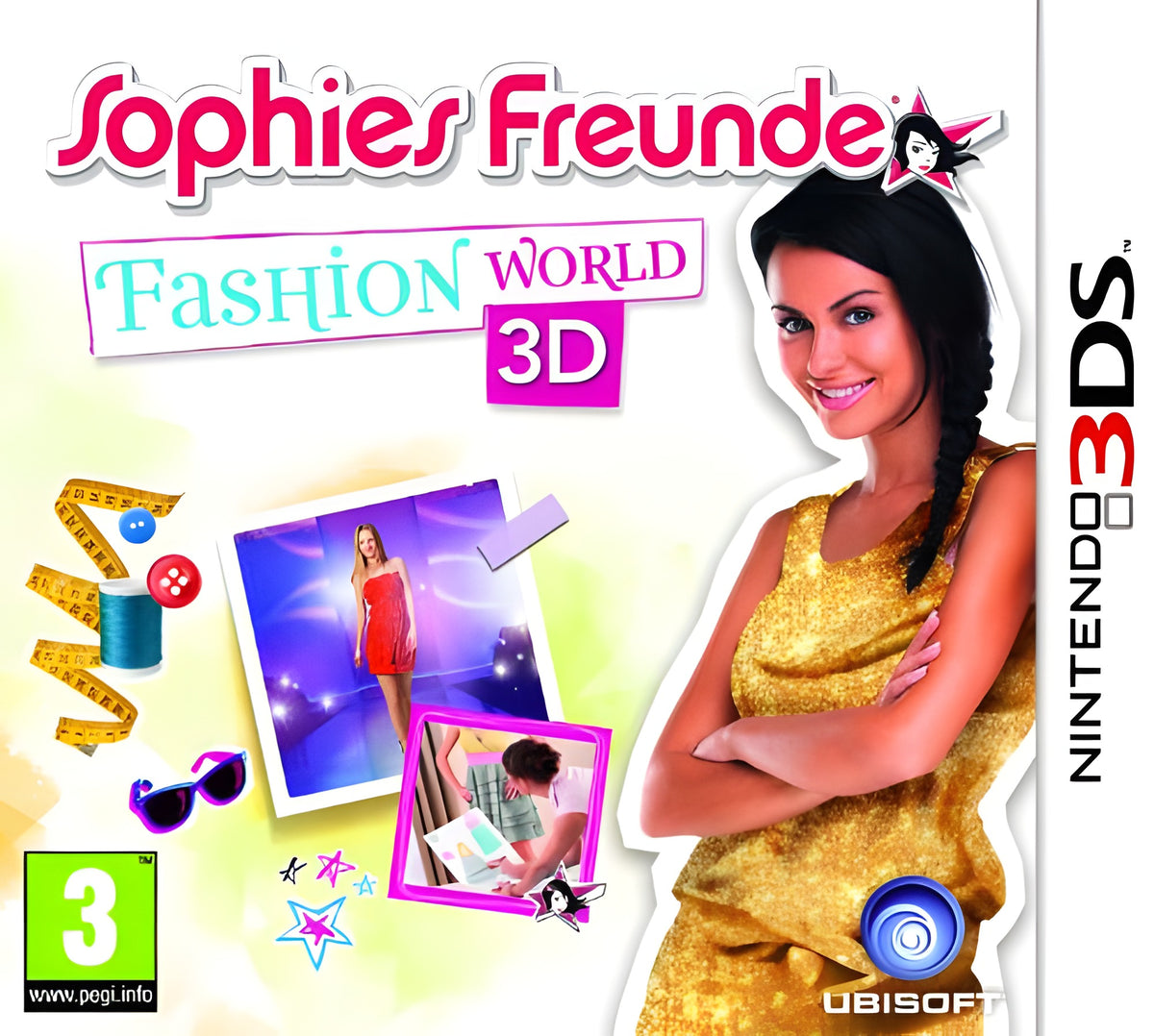 Sophies Freunde: Mode Designer 3D zeigt eine Frau im goldenen Kleid und das PEGI 3 Siegel.