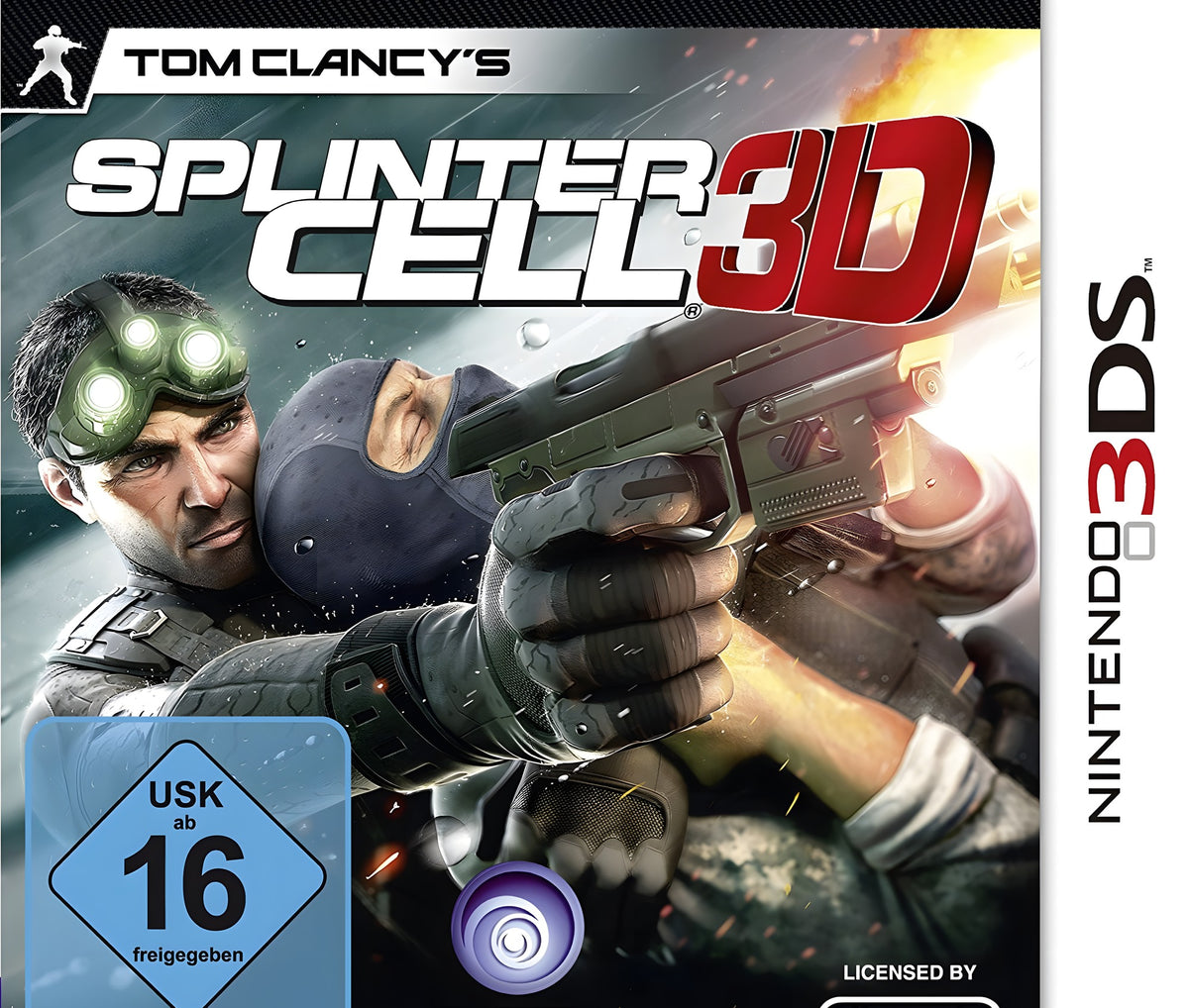 Das Cover von Splinter Cell: 3D für Nintendo 3DS zeigt Sam Fisher mit Waffe, USK ab 16.
