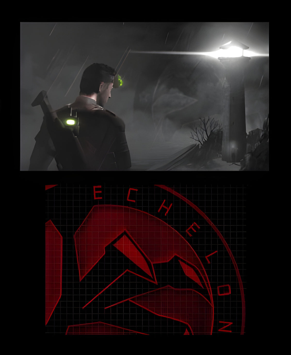 Splinter Cell: 3D zeigt Sam Fischer vor einem Leuchtturm im Regen.