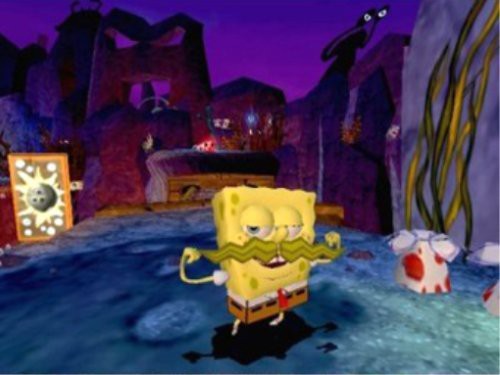 SpongeBob Schwammkopf mit einem Schnurrbart posiert muskulös in einer Unterwasserlandschaft.