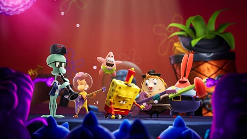 SpongeBob und seine Freunde treten als Band auf einer Bühne vor einem Publikum auf.