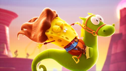 SpongeBob mit Cowboyhut reitet auf einem grünen Seepferdchen durch eine Westernlandschaft.