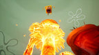 SpongeBob springt wütend über eine Feuersäule, die aus dem Boden schießt.